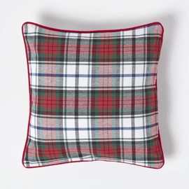 Homescapes MacDuff Check Cushion Cover 45 x 45 cm 100% Cotton Scottish Tartan Pattern with Zip Closure Red and White