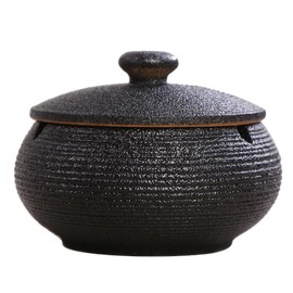 Hoobar Ceramic Ashtray with Lid,Windproof,Ash Holder for Smokers,Desktop Smoking Ash Tray for Home Office Decoration Black