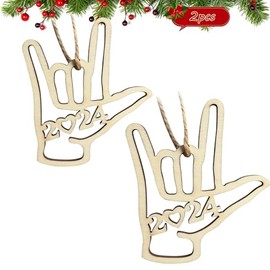 2024 Christmas Ornaments, I Love You ASL Sign Language Hand Important Holiday Day Christmas Tree Decorations, Wood Souvenir Dated Present Gift for Father Mother Husband Wife Son Daughter Friend (2)