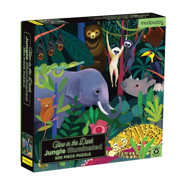 Mudpuppy Jungle Illuminated 500 Piece Glow in The Dark Jigsaw Puzzle for Kids and Families, Family Puzzle with Glow in The Dark Jungle Theme