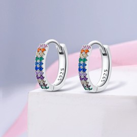 NARMO 925 Sterling Silver Hoop Earrings for Women Colorful Cubic Zirconia Rainbow Hoop Earrings Small Huggie Hoop Earrings