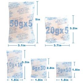 LotFancy Silica Gel Desiccant Pack of 100 × 3/5/10/20/50 g Mixed, Safe Moisture Absorber for Dry Storage, Non-Toxic, Odourless