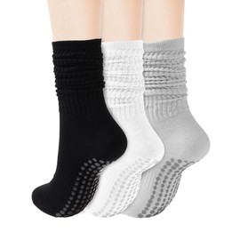 REACH STAR Grip Pilates Socks for Women, Yoga Slouch Socks with Grip for Barre Workout Hospital Long Scrunch Slipper Socks (US, Numeric, 6, 10, 3, Black+White+Light Gray)