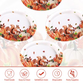 Grencian 50Pcs Fall Squireel Paper Plates 10" x 12" Large Disposable Heavy Duty Autumn Maple Leaves Pumpkin Paper Platters Animal Woodland Dessert Plates for Thanksgiving Stump Acorn Seasonal Dinner
