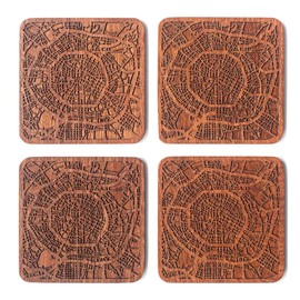 Chengdu Map Coaster by O3 Design Studio, Set of 4, Sapele Wooden Coaster with city map, Multiple city optional, Handmade
