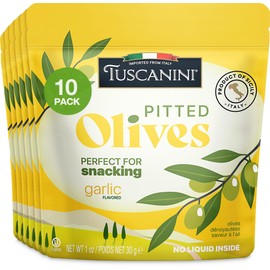 Tuscanini Italian Garlic Flavor Snack Olives, 1 oz (10 Pack) Pitted Olive Pouches for Snacking | No Oil | Gluten Free, Vegan | For Travel, Picnics and Office Snacks | Kosher