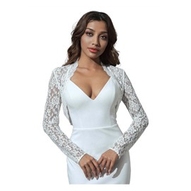 Unicra Women Lace Bolero Shrug for Dresses Elegant Floral Lace Shrug Top Open Front Sheer Long Sleeve Cropped Cardigan, White, 4-6