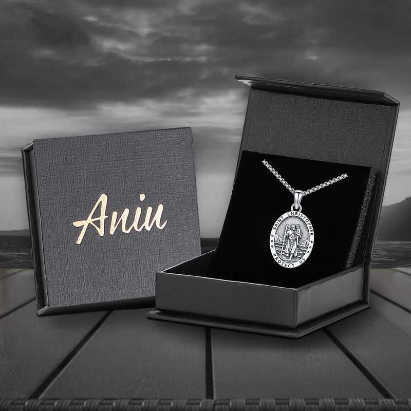 Aniu Sterling Silver St Christopher Pendant Necklace, Patron Saint Christopher