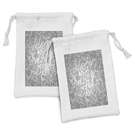 Ambesonne Grey Fabric Pouch Set of 2, Victorian Style Large Leaf Floral Pattern Swirl Classic Abstract French Vintage Print, Small Drawstring Bag for Toiletries Masks and Favors, 9" x 6", Grey