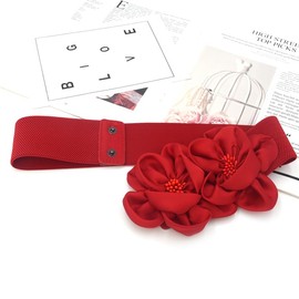 Big Fashion Flowers Buckle Adjustable Elastic Wide Waist Belt Women Girls, Red, One Size