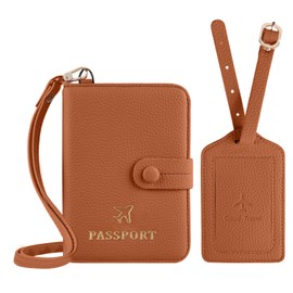 Passport Holder RFID Protected Wallet and Luggage Tag with Protection Cover Travel Accessories Leather Card Case Organizer for Women Men (Brown)