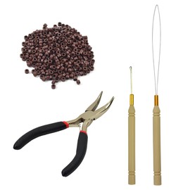 Microring Hair Extension Set with 1 Micro Ring Hair Pliers, 1 Piece Micro Ring Needle Threader, 1 Pull Hook and 500 Pieces Micro Rings for Hair Extension Accessories (Brown)