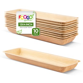 FOOGO Green 10 Disposable Palm Leaf Serving Trays, Large 13"x4" (33x10cm), Sushi Trays, Platters Starters Wedding Parties, Charcuterie Board, Wooden Plates Hot Food Trays, Eco Friendly Biodegradable