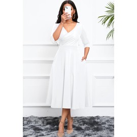 Nmoder Women's Casual Wrap Flared Midi Dress Wedding Guest Cocktail Tea Dresses A-Line Swing V-Neck 3/4 Sleeve White 2XL