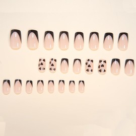 Short Press on Nails Square - Black French Tip Fake Nails with Heart Design - Full Cover Stick on Nails Press ons - for Women Manicure 24 Pcs