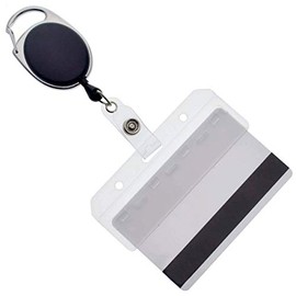 5 Pack - Premium Retractable Carabiner Badge Reels with Horizontal Half Card Badge Holders (Clear Plastic) - Leaves Magnetic Mag Stripe Exposed for POS and Swipe Cards by Specialist ID (Solid Black)