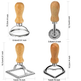 Ravioli Stamp Maker Cutter Set - 4 PCS Pasta Roller Wheel Mold with Wooden Handle & Fluted Edge for Making Ravioli Pasta Dumplings Lasagna - Pasta Press Tools for Kitchen