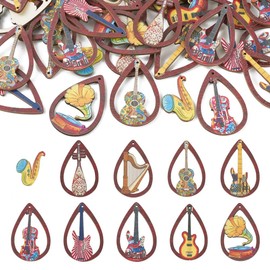 40pcs Wooden Earring Charms Big Flat Teardrop Printed Wood Musical Instrument Pendants Hollow Wood Cutouts for Necklace Keychain DIY Jewelry Craft Making