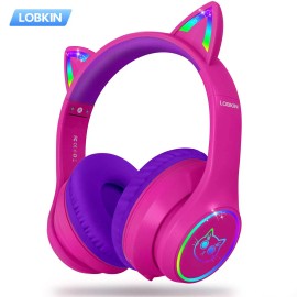 LOBKIN Kids' Headphones Cat Ears Design Foldable Over-Ear for V5.4 RGB Lights Safe Hearing for School Online Classes Musiccolor: Hot Pink, model number: S16