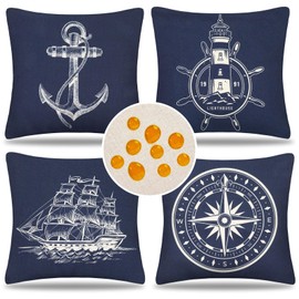 Outdoor Garden Cushion Cover, Waterproof Sofa Cushion Spring Summer Navy Blue Nautical Ocean Decorative Cushion Cover Linen for Outdoor Balcony Patio Garden Farmhouse Decor 45 x 45 cm Set of 4