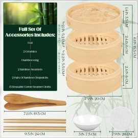 Steamer Basket,8 Inch 2-Tier Bamboo Steamer Basket For Cooking With 1 Bamboo Clip, 2 Ceramic Sauce Dishes, 10 Reusable Cotton Steamers Cloths And 2 Pairs Of Chopsticks