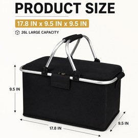 Large Foldable Picnic Basket 26L, 3 Layers of Reusable Thermal Cooler Bag with Oxford Cloth Exterior & Aluminum Foil Liner, Waterproof Durable Handheld Bag for Lunch, Picnic, Travel, Shopping