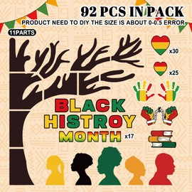 Whaline 92Pcs Juneteenth Tree Bulletin Board Decorations Set Black History Month African American Heart Paper Cutouts with 200Pcs Glue Points for Classroom Party Wall Blackboard