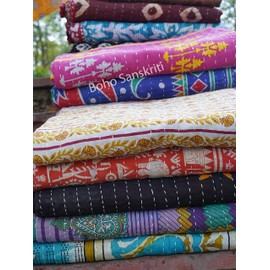Boho Sanskriti Indian Quilt Vintage Bedspreads,Throws,Ralli, Lot Kantha Quilt Reversible Throw Bedding Bedcover Kantha Bedspread Throw Cotton Blanket Gudari -Single Pieces, Twin