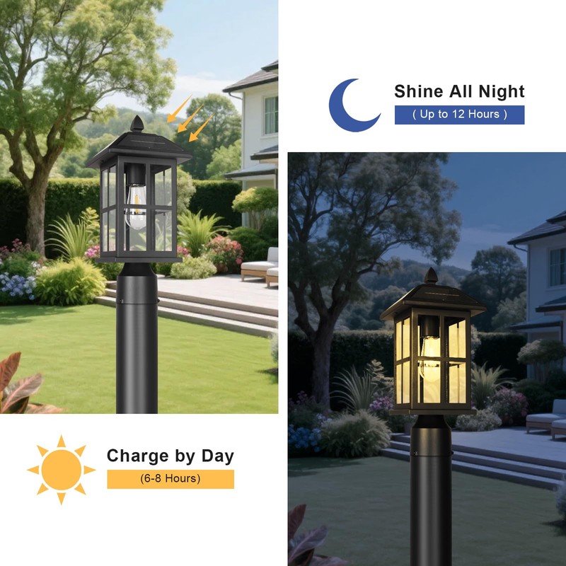 Diyel Solar Outdoor Post Light Fixture, Dusk to Dawn Exterior