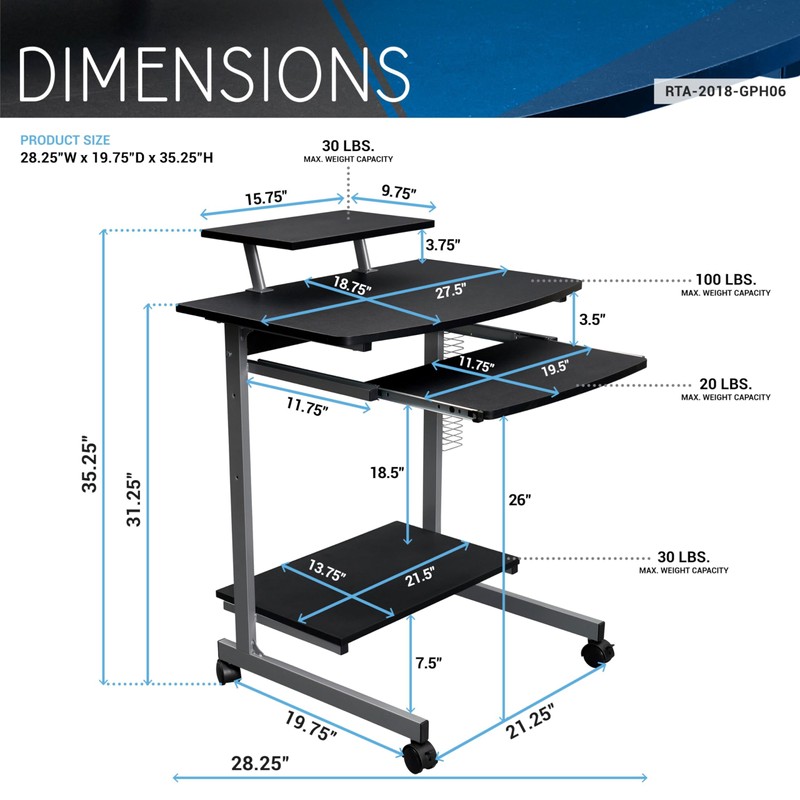 Rolling Mobile Computer Desk/Cart with Storage Shelves, Rolling Working Station