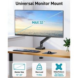 MOUNT PRO Single Monitor Arm Desk Mount Fits 13 to 32 inch Computer Monitor, Holds 4.4 to 19.8lbs VESA Monitor Mount, Adjustable Monitor Stand with Clamp/Grommet Mounting Base, 75/100mm Bracket Mount, Freelift