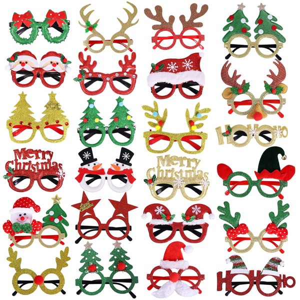 Max Fun 24pcs Christmas Glitter Party Glasses Frames with 24 Designs Decorations Accessories for Christmas Party Favors Holiday Favors (One Size Fits All)