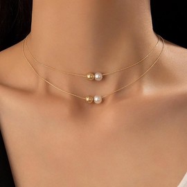 Xduargs Boho Layered Pearl Necklace Gold Beaded Choker Necklace Vintage Pearl Beads Necklace Adjustable Pearl Tiny Chain Necklace Jewelry for Women
