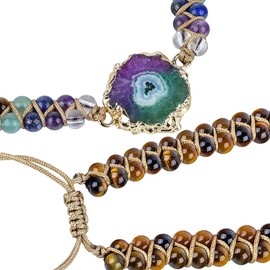 Nupuyai Tiger's Eye 7 Chakra Crystal Stone Bracelet for Women, Adjustable Double Layer Crystal Beads Bracelet with Druzy Geode Slice Charm