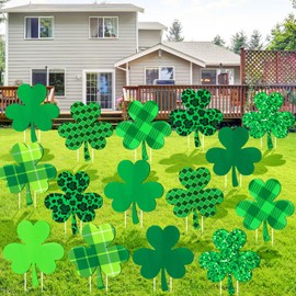 Yuntau 24 Pcs St. Patrick's Day Yard Signs Waterproof Shamrock Yard Signs Green Plaid Glitter Outdoor Lawn Sign with Stakes for St. Patrick's Day Home Garden Irish Decorations Party Decor, 8 Styles