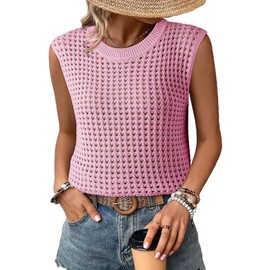 Dokotoo Swimsuit Coverup Summer Sweaters Vest for Women Resort Wear Casual Holiday Beach Round Neck Sleeveless Solid Bathing Suit Cover Ups for Swimwear Solid Crochet Hollow Out Knit Tops Pink Large