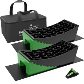RVMATE Camper Levelers 8-Piece Kit RV Leveling Blocks Camper Wheel Chocks Including Two Curved Levelers, Two Chocks, and Two Rubber Grip Mats in Storage Carrying Bag