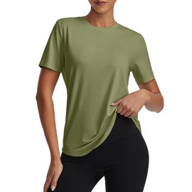 kakola Women's Short Sleeve Workout Tops Running Athletic Shirts Lightweight Yoga Gym Curved Hem T-Shirts Army Green