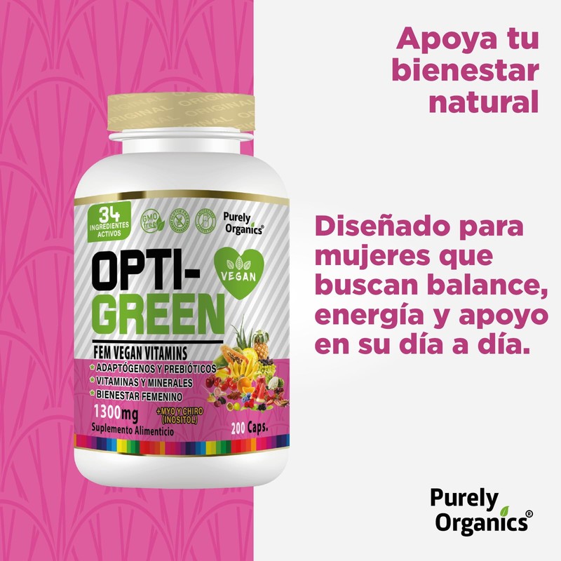 Opti-Green FemVegan Vitamins 200 Caps. Adaptogenos, Prebióticos, Vitaminas y Minerales
