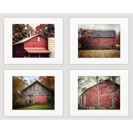 Lisa Russo Fine Art - Rustic Country Red Barn Landscape Photography Prints - Set of 4 - Not Framed - Farmhouse (4 5x7 Prints with 8x10 Mats)