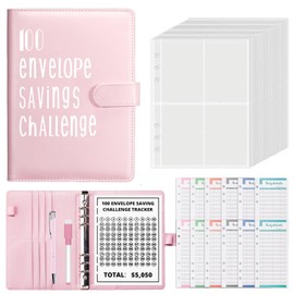 100 Envelope Challenge Binder, Money Saving Wallet Budget Binder with Budget Sheets & Pen, A5 Envelope Challenge Pink Binder Book, PU Leather Cash Envelope Binder for School Home Office