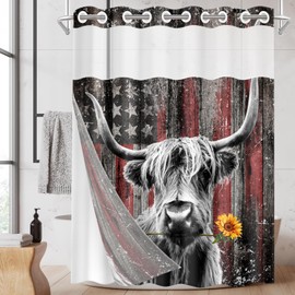 Nesphy No Hook Highland Cow Farm Shower Curtain with Snap in Fabric Liner Set, American Flag Double Layers Waterproof Fabric with See Through Top Window Open Grommet Bath Curtain 71x74 Inch