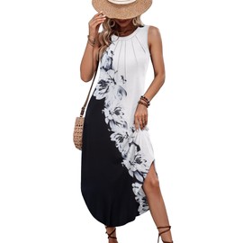 Zeagoo Womens Casual Floral Dress 2025 Flower Print Sundress Summer Beach Maxi Dress Loose Fit Sleeveless Dress, Black/White Print,XL