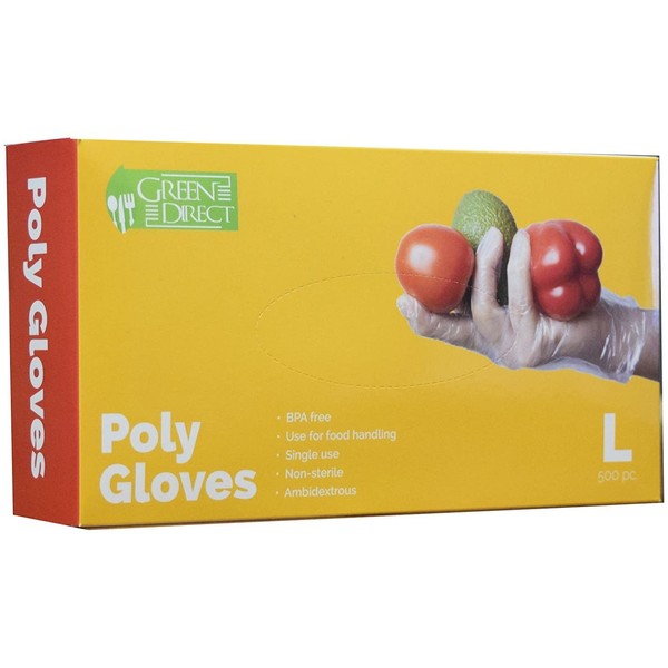 Green Direct Disposable Food Preparation Poly Gloves 2 Box of 500, Size Large,Clear
