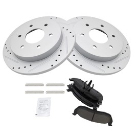 TRQ Rear Brake Pad & Rotor Kit Premium G-Coated Slotted X Drilled Ceramic Compatible with 2004-2010 INFINITI QX56 2005-2015 Nissan Armada 2004 Pathfinder Armada 2004-2015 TITAN