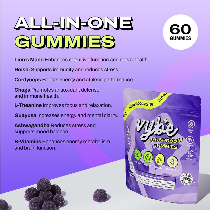 Vybe Mushroom Gummies for Focus and Energy - All-In-One Daily
