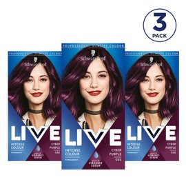 Schwarzkopf Live Intense Colour Purple Hair Dye, 3-Pack Permanent Colour with Vibrancy Serum, 046 Cyber Purple