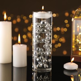 FFUW 200 Pcs Floating Pearls and 6 Pcs Floating Candles NO Hole Pearls for Vases Candles for Centerpieces Home Weddings Table Party Decor(Silver)
