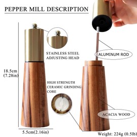 Salt and Pepper Grinder Set, Acacia Wooden Pepper Grinder with Adjustable Coarseness, Refillable Ceramic Blade Grind,Gold Pepper Mill for Kitchen, Enjoy Fresh Ground Pepper Salt with Spice