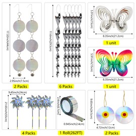 KOKMEYA Bird Repellent Set - Includes 2 Reflective Pinwheels, 2 Butterfly Wind Spinners, 6 Spiral Devices, 1 Scare Tape & 2 Discs, to Repel Pigeons, Seagulls, Woodpeckers for Balconies & Gardens